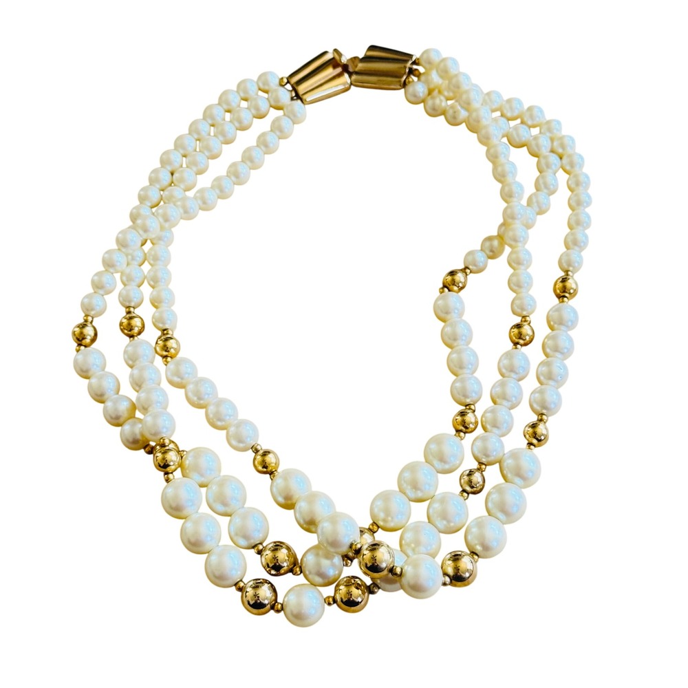 Gay Boyer Necklace VTG Pearl Multi Bib Beaded Triple Strand Glam Elegant 80s 18"